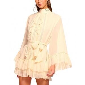 NEW RAMY BROOK claudia ruffle tie waist mini dress in cream